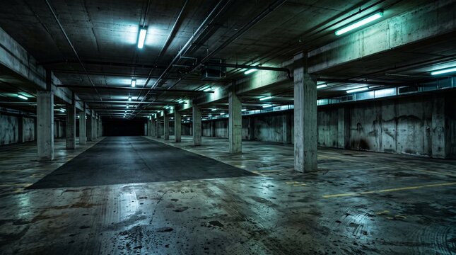 Industrial underground parking garage, empty concrete basement with neon lights, dark urban parking lot interior