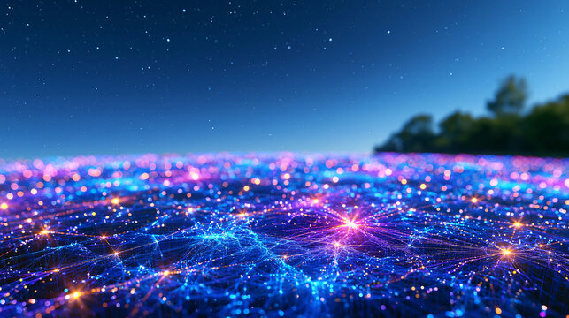 Complex network visualization with luminous nodes and branching data pathways extending across a bright clean field, precise glowing intersections, foreground and background layers creating dimensio