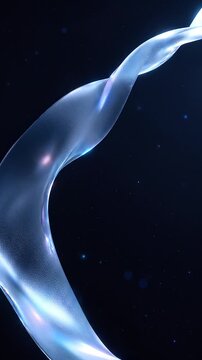 青く輝く半透明のガラスリボンが揺れる濃紺の縦長オーバーレイ動画
