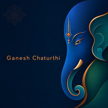 Elegant blue ganesha face illustration with golden accents and dark background for ganesh chaturthi celebration and peaceful lord ganesha puja devotional design