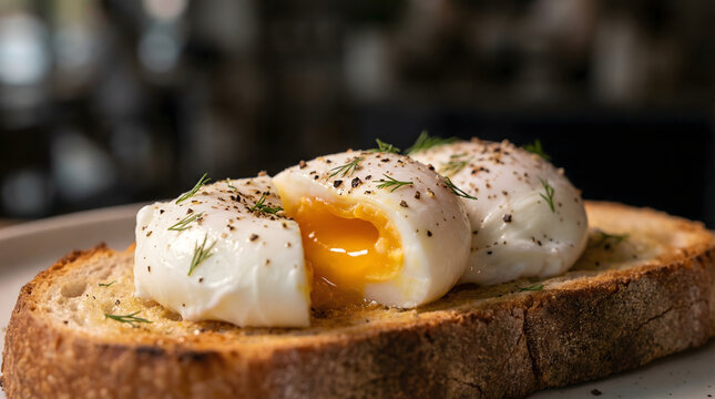 Gourmet Poached Eggs on Toasted Sourdough Bread, Drizzled with Olive Oil and Fresh Dill, Featuring a Perfectly Runny Yolk, Ideal for Breakfast, Brunch, or Culinary Content Creation