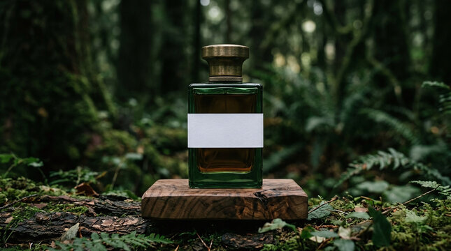 Green perfume bottle on wooden podium in a natural forest with forest background