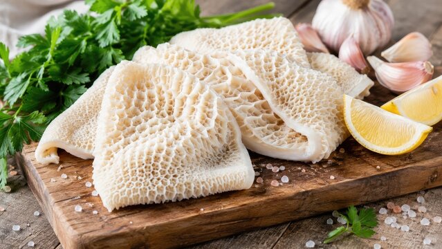 Raw honeycomb beef tripe on a wooden cutting board with lemon wedges, garlic cloves, parsley and coarse salt