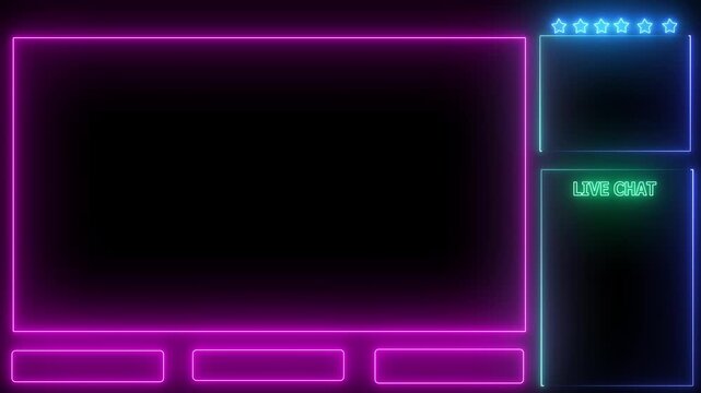 Intermission Stream Overlay Animated, Neon Sign looping facecam and chat for live streaming ,Frame border HUD element. HUD viewfinder. Intermission Stream Overlay Animation 4k Video.
