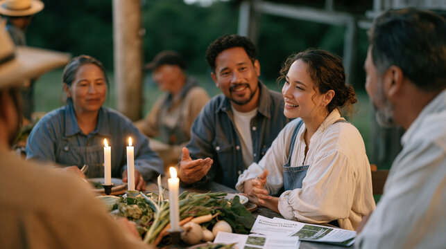 Multicultural farming community gathered around a candlelit barn table at dusk, organic produce piled at center, a community health flyer visible among seed packets, farmers of