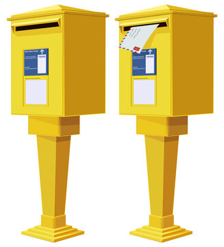 Classic yellow postal mailbox on pedestal with inserted airmail envelope representing mail delivery, communication, logistics, and written correspondence (cut out)