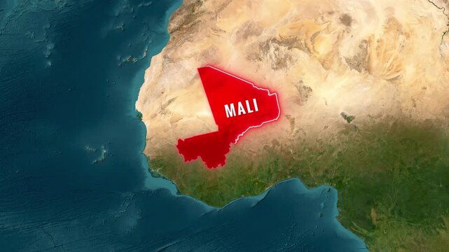 Animated world map footage highlighting Mali with glowing red borders