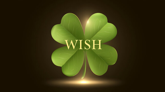 Lucky four leaf clover illustration with wish text on dark background for fortune concept, saint patrick day vector graphic design element