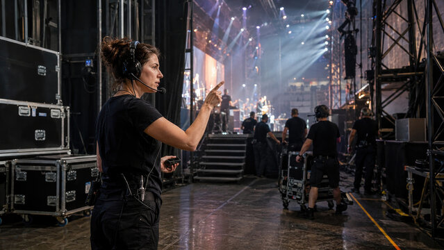 Stage manager directing live concert backstage with headset, pointing to crew amid lighting rigs, road cases, camera and sound equipment during performance