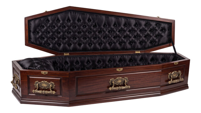 open mahogany victorian coffin with tufted black satin interior lining and brass handles on a transparent background