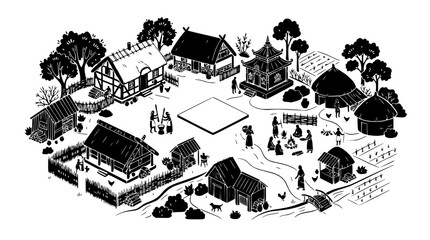 Fototapeta premium Medieval Village Scene Illustration with Diverse Architecture and Rural Life