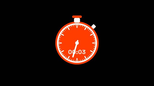 Stopwatch countdown timer 30 seconds to zero followed by orange flash sale fifty percent off promotional text on black background for retail marketing.