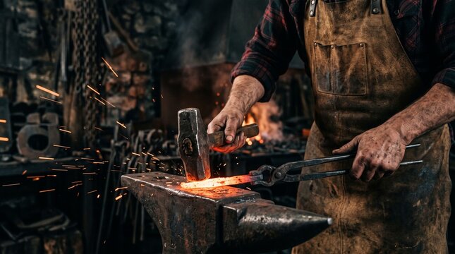 Skilled blacksmith shaping hot metal with a hammer on an anvil in a traditional workshop with glowing forge fire and flying sparks