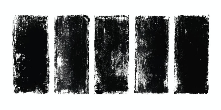 Set of five distressed black ink rectangular blocks and textured shapes on white background with collection of grungy inked rectangles with worn edges for design projects rectangle isolated