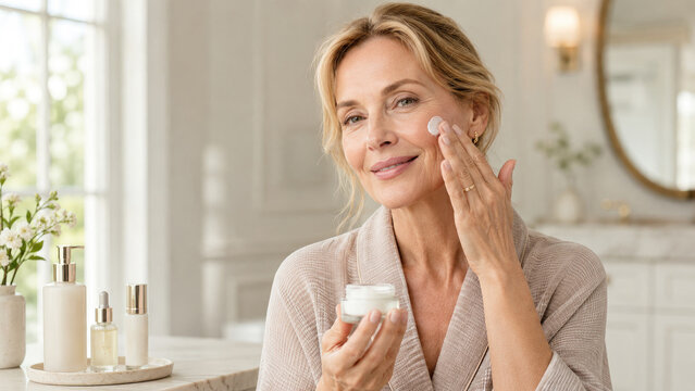 Mature woman applying moisturizer to her face at a bright home vanity, smiling