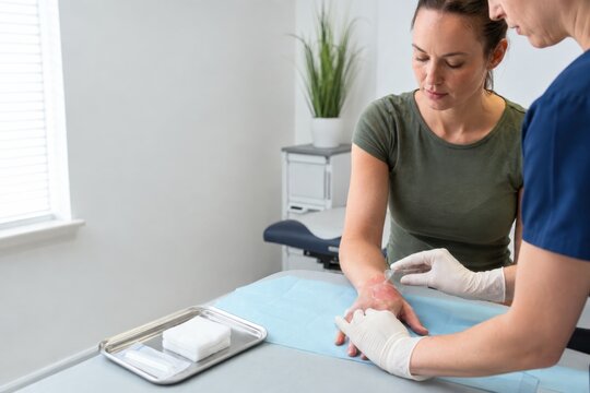 Clinician treating a patient's hand burn with hydrogel dressing