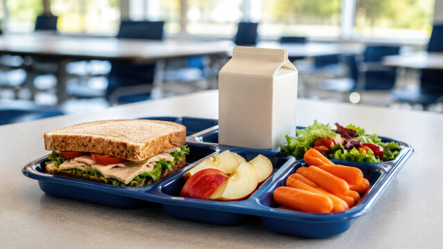 School lunch tray with sandwich, milk carton, apple slices, baby carrots and salad on a cafeteria table