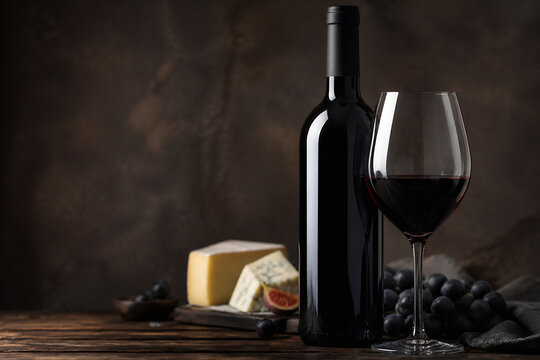 A bottle of red wine, a glass of red wine, and some cheese with grapes are displayed on a wooden surface against a dark background.
