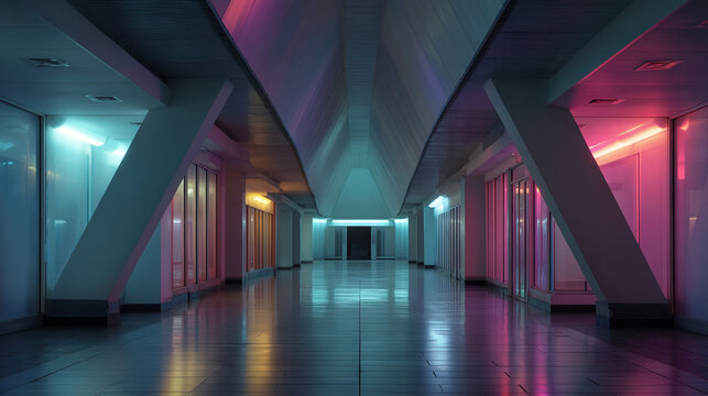 Futuristic empty corridor with neon blue and pink lighting in a modern architectural space