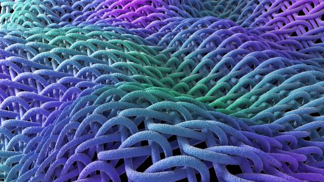 Looping 3d animation of knitted fabric texture with wavy motion on transparent background, closeup blue and purple gradient interlaced threads moving smoothly on alpha channel