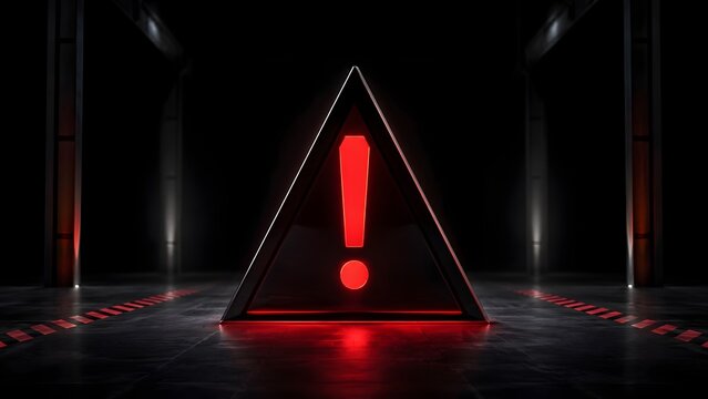 Glowing red exclamation mark inside a metallic triangle warning sign on a dark reflective futuristic industrial floor.