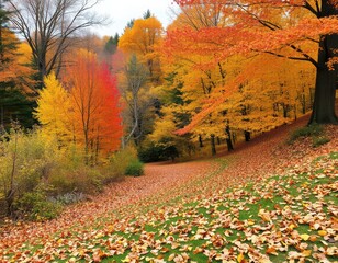 Obraz premium Vibrant autumn forest landscape with colorful maple trees and fallen leaves on the grass