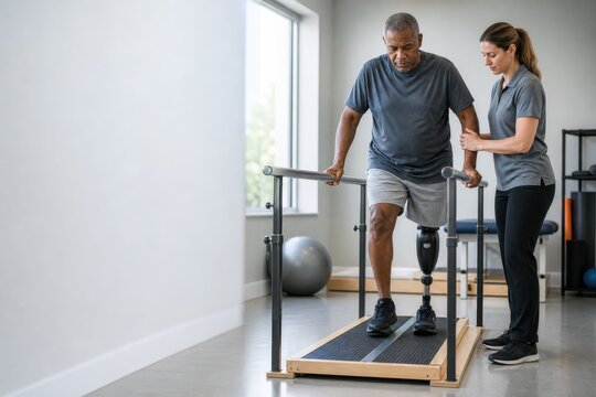 Amputee senior man walking with prosthetic leg in physical therapy