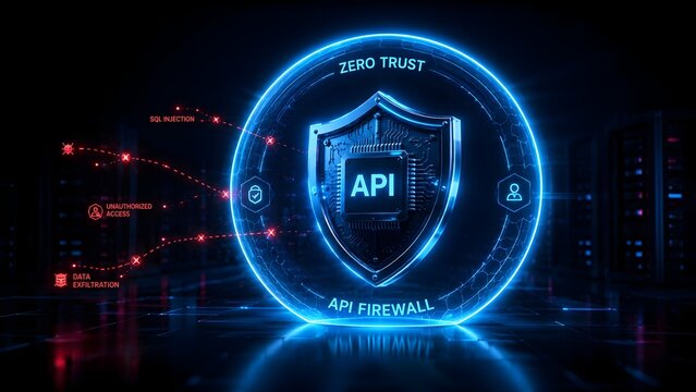 Zero trust API firewall concept with a glowing blue shield blocking red cyber attack vectors like SQL injection and unauthorized access in a server room.