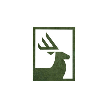 Minimalist green deer silhouette illustration within a rectangular border featuring a textured organic aesthetic for branding