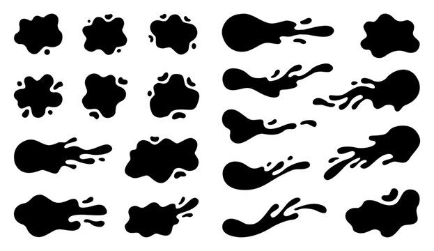 Dynamic ink splash vector collection. Modern liquid motion style amoeba forms. Minimal directional fluid splatter elements for contemporary design. Simple horizontal flow graphic assets