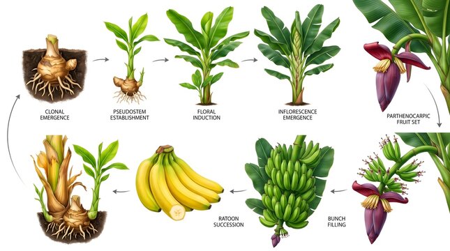 Banana plant life cycle diagram. Illustrated stages of growth from corm and pseudostem to flowering and yellow fruit harvest. Educational botanical chart