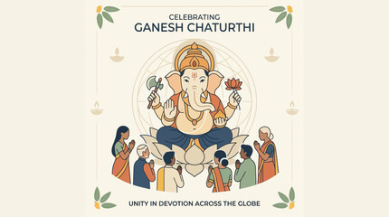 Fototapeta premium Ganesh Chaturthi celebration illustration with devotees praying to Lord Ganesha