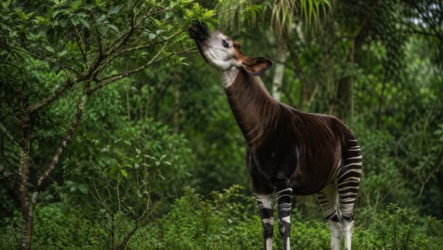 Okapi reaching up to browse leafy branches in a lush rainforest habitat