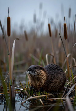 Wildlife conservation and biodiversity, muskrat in a wetland habitat with cattails in a natural marsh environment during a misty morning