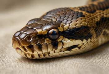Fototapeta premium Wildlife conservation and biodiversity, close up of a python snake head with detailed scales and eye texture on a natural fabric background