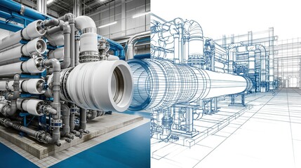Fototapeta premium Industrial Plant Interior: Large White Pipes and Blue Sketches