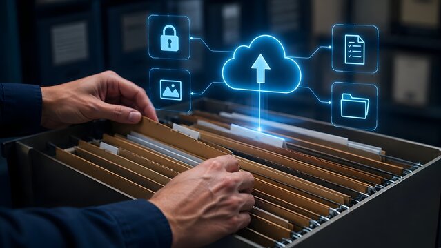 Cloud computing data migration concept with hands searching physical file cabinet and glowing digital storage upload interface