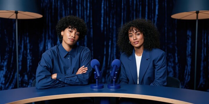 Two hosts podcast table with microphones at navy studio curtain for interview and media background for podcast banner and broadcast design