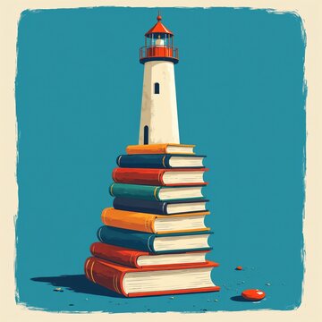 A stack of well-worn books that spirals upward into a tall winding lighthouse.