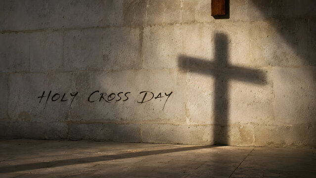 Holy cross day text written on a stone wall with a shadow of a cross cast by sunlight