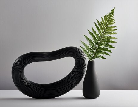 minimalist still life with black torus sculpture and fern in vase