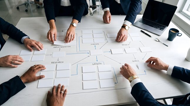 Business team planning strategy using white paper cards on desk with flowchart connections illustrating market research growth goals and execution.