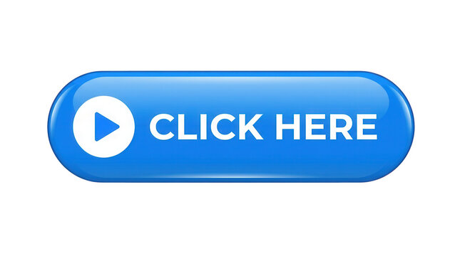 Blue glossy rectangular click here button isolated on transparent background