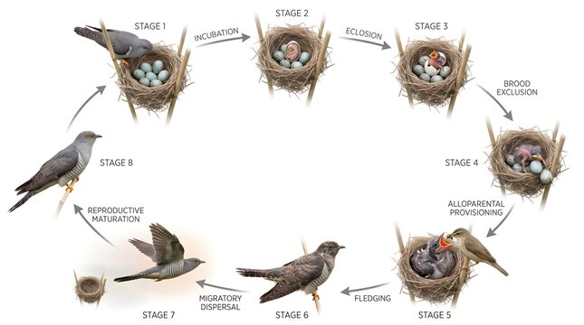 Cuckoo bird life cycle diagram. Nest parasitism stages from egg laying to adult development. Educational vector infographic showing host nest invasion