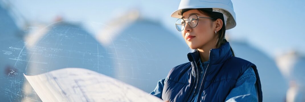 Closeup female engineer with glasses studying a blueprint at an industrial facility for editorial background and technical design use