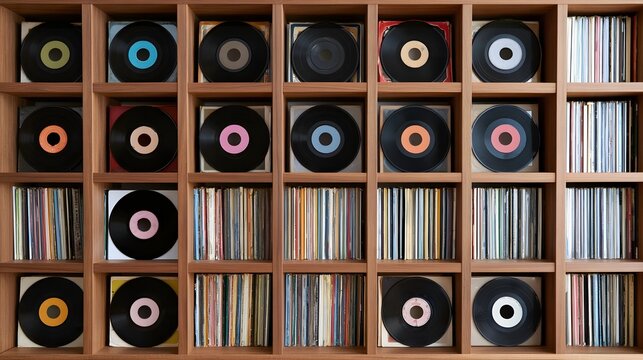 A wooden shelf filled with vinyl records and album sleeves arranged in a grid pattern  showcasing colorful labels and spines