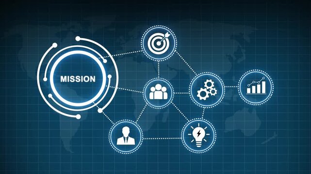 Corporate mission statement infographic with animated network connections, digital global business strategy growth planning, team collaboration, and data analytics visualization concept