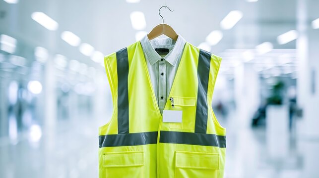 Yellow Safety Vest Hanging on Hanger in Blurred Office Hallway
