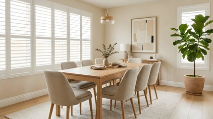 Fototapeta premium Bright and airy dining room with a long wooden table and large windows overlooking a city