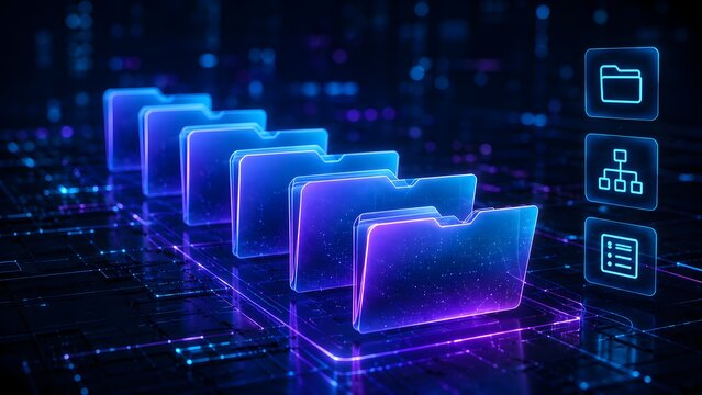 Glowing digital folder sequence on circuit board background with floating network interface icons representing futuristic data storage